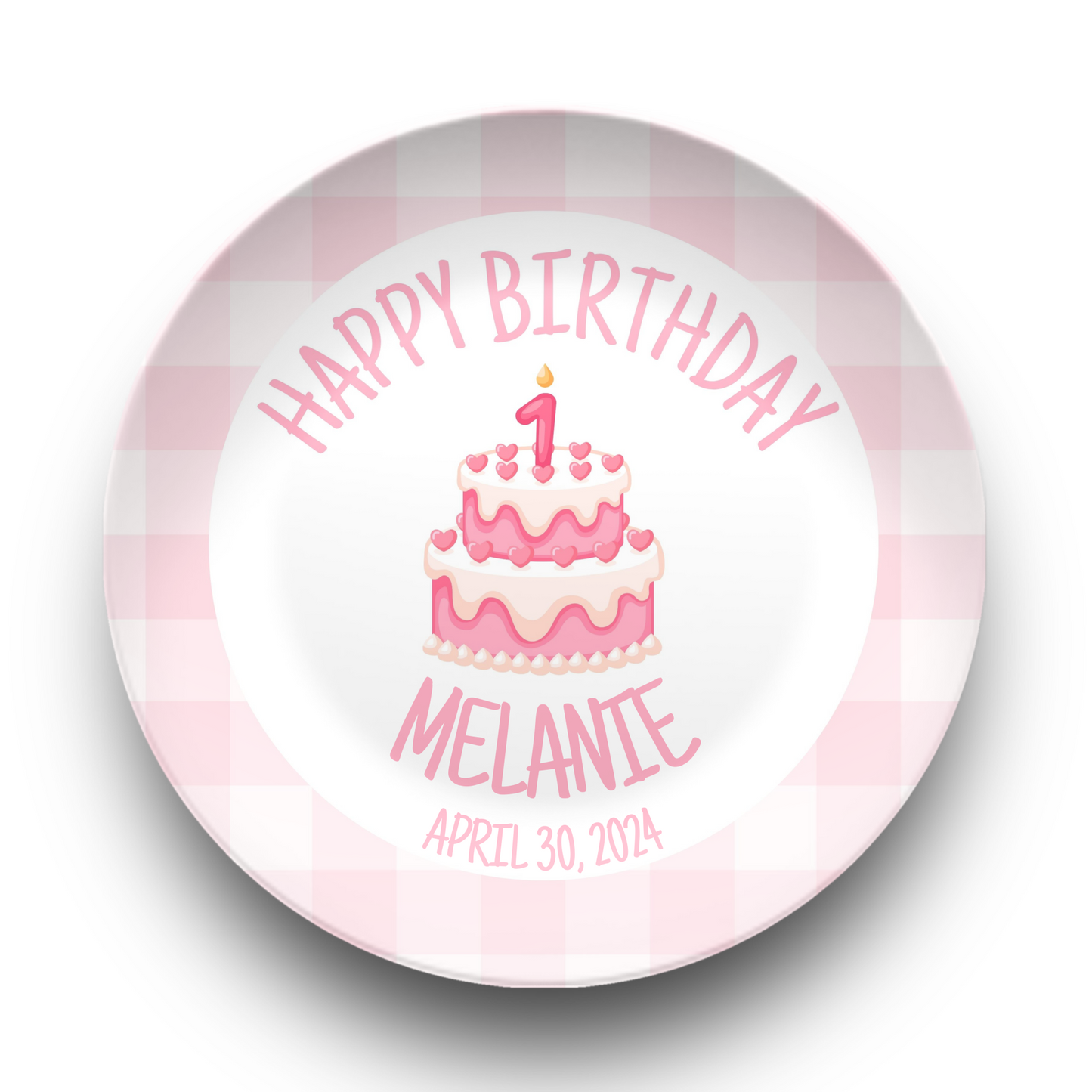 Preppy Girls Birthday Plate - Pink Gingham Bow Ribbon First Birthday - Pink & White Smash Cake 1st Birthday -  Coquette Style