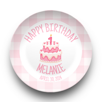 Preppy Girls Birthday Plate - Pink Gingham Bow Ribbon First Birthday - Pink & White Smash Cake 1st Birthday -  Coquette Style