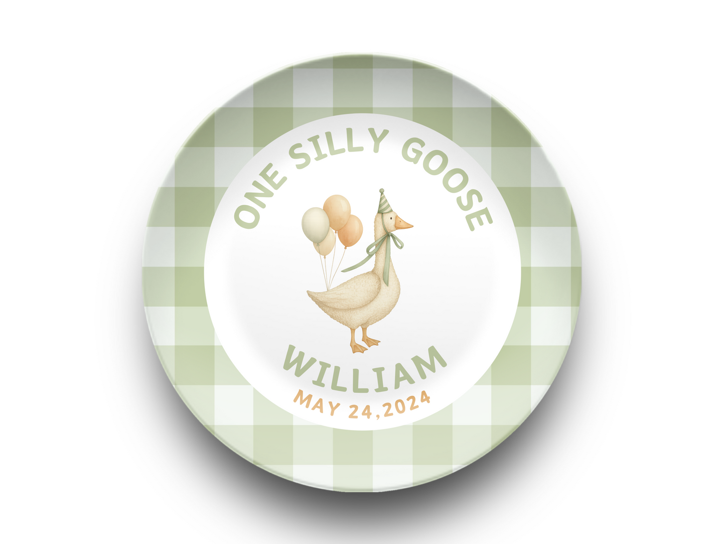Personalized One Silly Goose Smash Cake Plate - Coquette Gingham Birthday Custom Party Plate