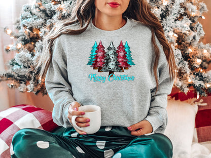 Merry Christmas Pink Blue Tree Shirt, Christmas Sweatshirt, Merry Christmas Shirt, Cute Christmas Tees for Women, Holiday Shirt - Mardonyx Sweatshirt