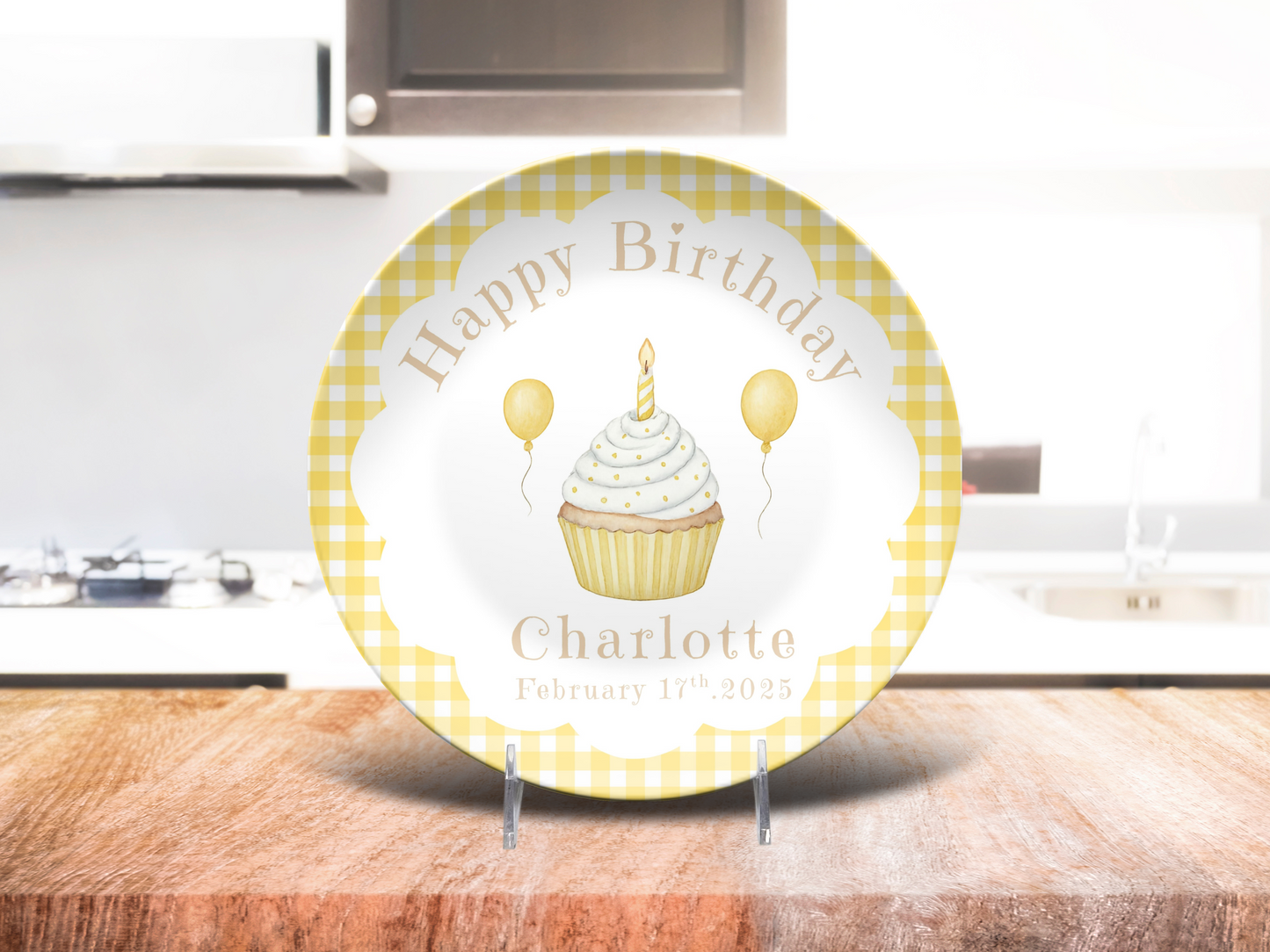 Personalized Baby First Birthday Plate - Yellow Gingham Birthday Party Decoration