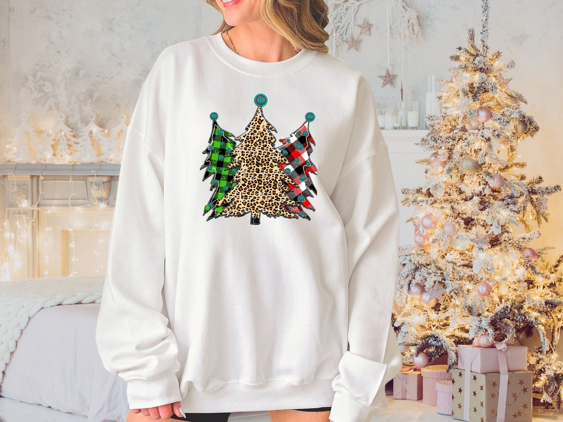 Christmas Tree Leopard Plaid Sweatshirt, Womens Cute Christmas Sweater, Christmas Holiday Party Pullover, Leopard Print Crewneck Knit - Mardonyx Sweatshirt