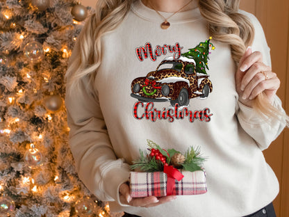 Merry Christmas Leopard Print Truck Sweatshirt, Christmas Sweater for Women, Christmas Gift for Women, Holiday Sweater, Xmas Shirt - Mardonyx Sweatshirt