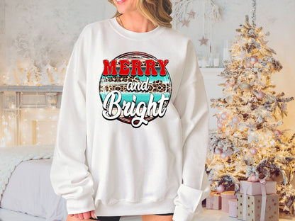 Merry and Bright Leopard Print Shirt, Merry and Bright Leopard Print Sweatshirts, Merry and Bright Leopard Shirt, Matching Family Christmas - Mardonyx Sweatshirt