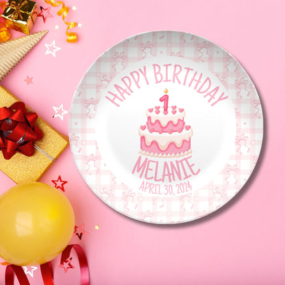 Preppy Girls Birthday Plate - Pink Coquette Bow Ribbon First Birthday - Pink & White Smash Cake 1st Birthday -  Coquette Style