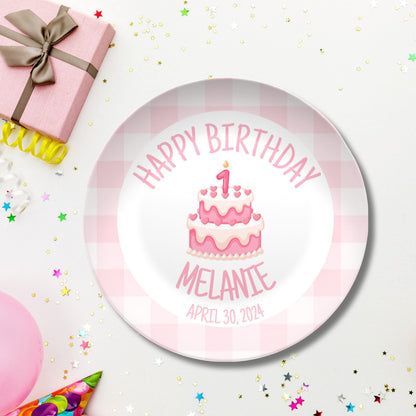 Preppy Girls Birthday Plate - Pink Gingham Bow Ribbon First Birthday - Pink & White Smash Cake 1st Birthday -  Coquette Style