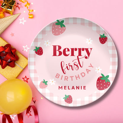 Berry First Birthday Smash Cake Plate - Personalized Plate - Coquette Gingham Party Decor