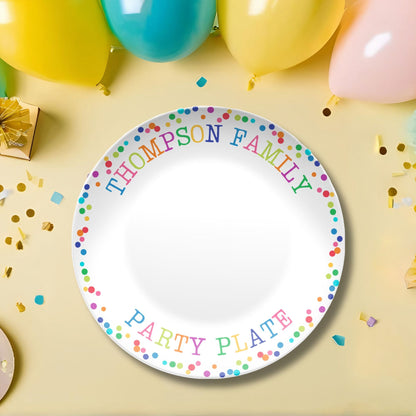 Family Celebration Party Plate - Birthday, Holidays, Milestone Cake Plate - Whimsical Rainbow Text & Confetti - New Baby Gift or Hostess Gift
