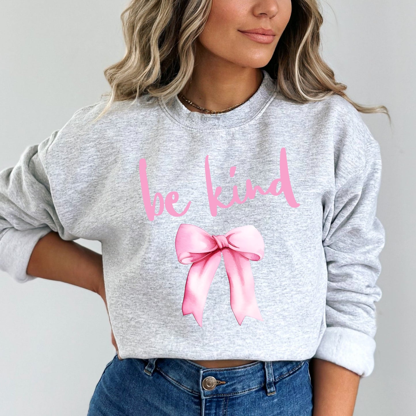 Be Kind Pink Bow Graphic Coquette Sweatshirt - Mardonyx Sweatshirt S / Ash