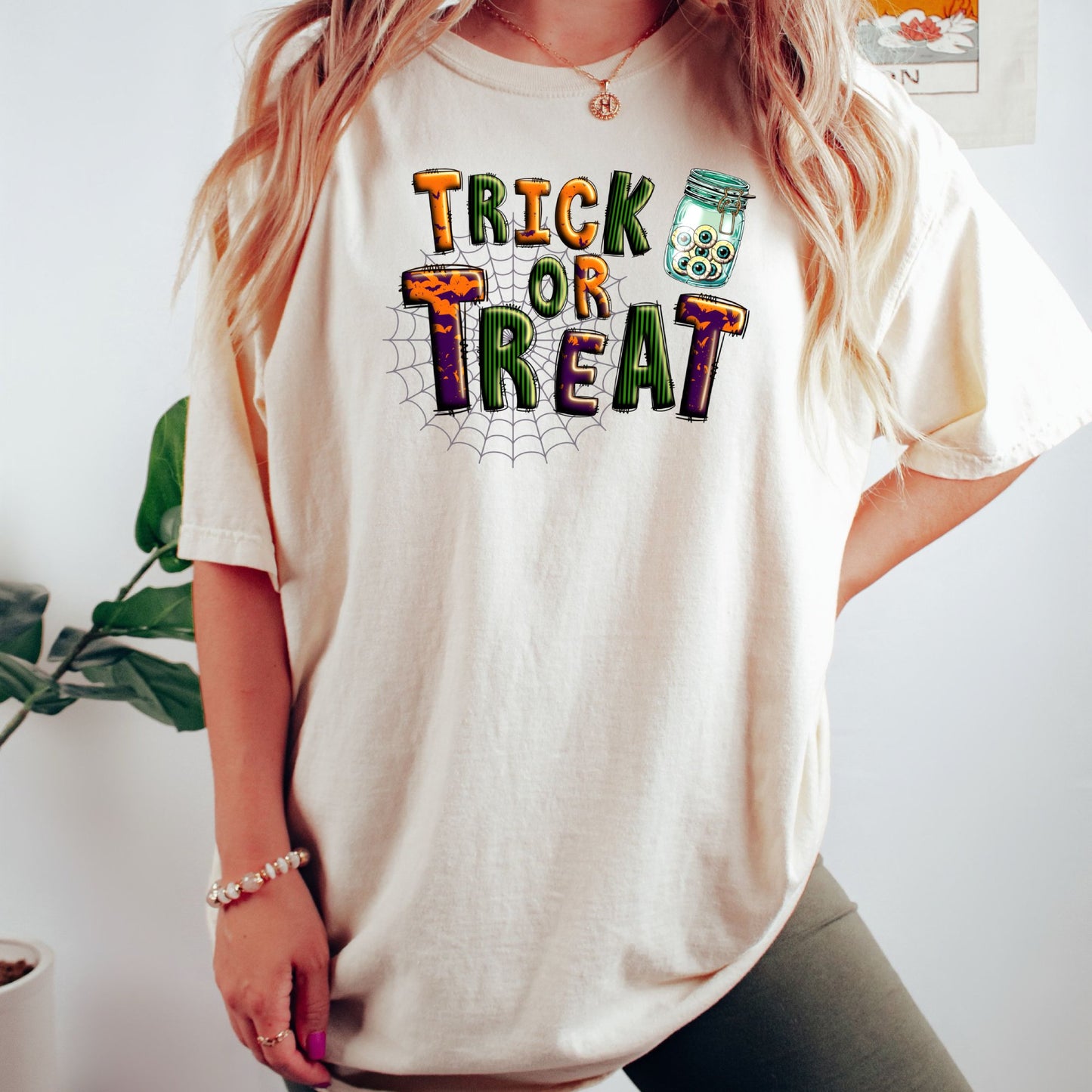 Women's Trick or Treat Eyeballs Spiderweb Halloween T-Shirt