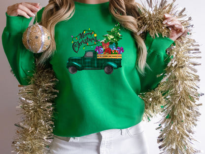 Merry Christmas Plaid Truck Shirt, Christmas Sweatshirt, Christmas Family Matching, Xmas Top, Holiday top for Women, Women's Xmas shirt - Mardonyx Sweatshirt