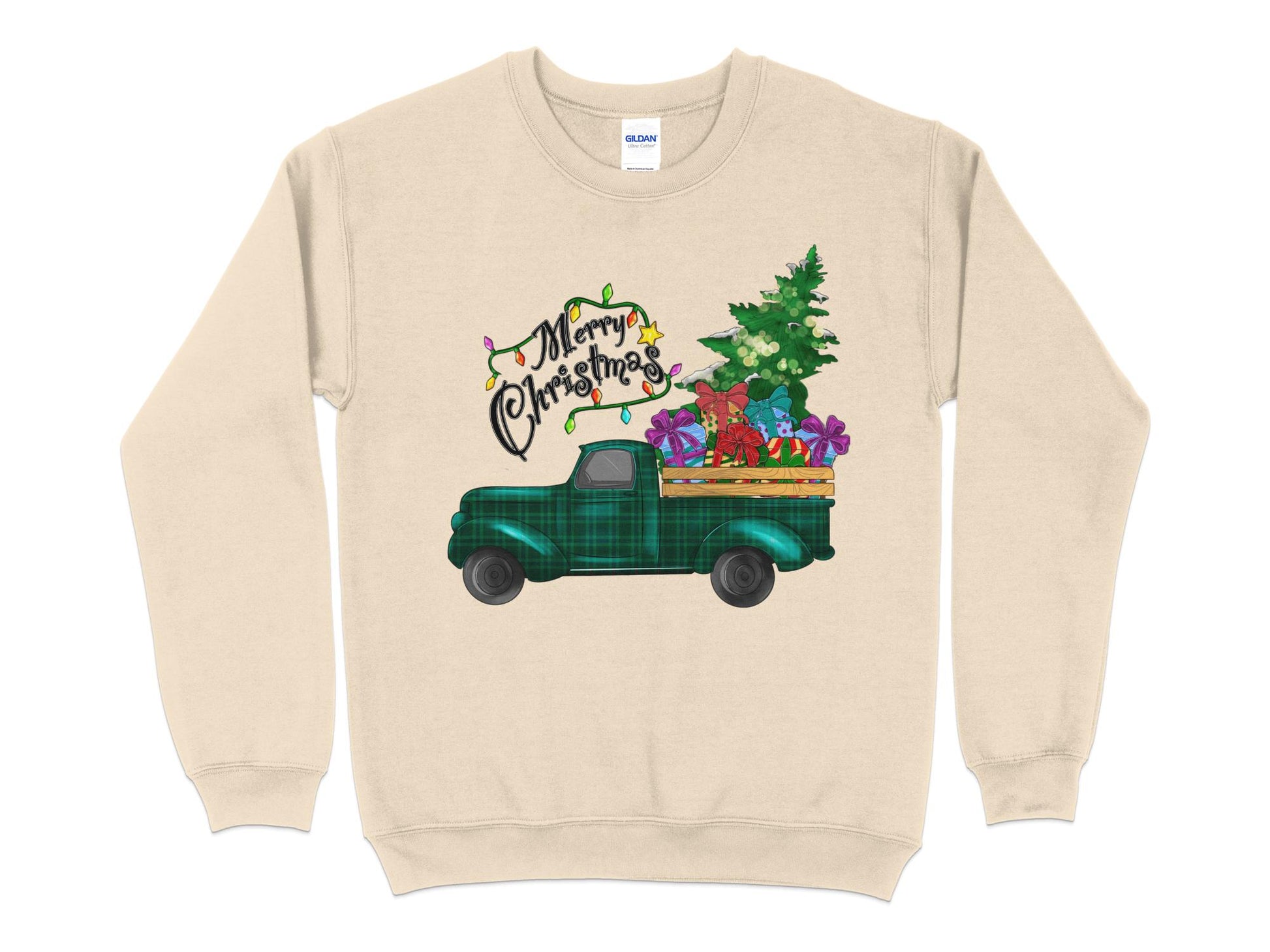 Merry Christmas Plaid Truck Shirt, Christmas Sweatshirt, Christmas Family Matching, Xmas Top, Holiday top for Women, Women's Xmas shirt - Mardonyx Sweatshirt S / Sand