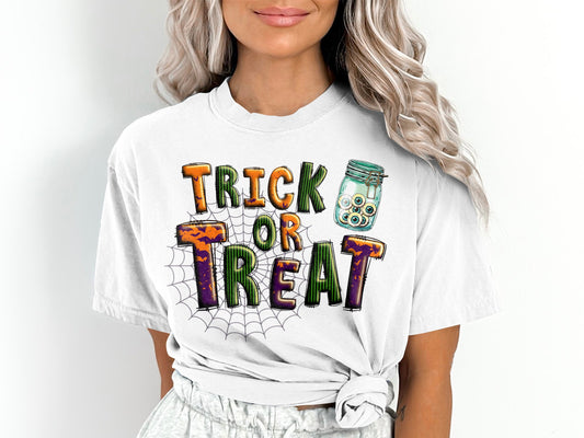 Women's Trick or Treat Eyeballs Spiderweb Halloween T-Shirt