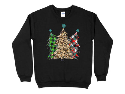 Christmas Tree Leopard Plaid Sweatshirt, Womens Cute Christmas Sweater, Christmas Holiday Party Pullover, Leopard Print Crewneck Knit - Mardonyx Sweatshirt S / Black