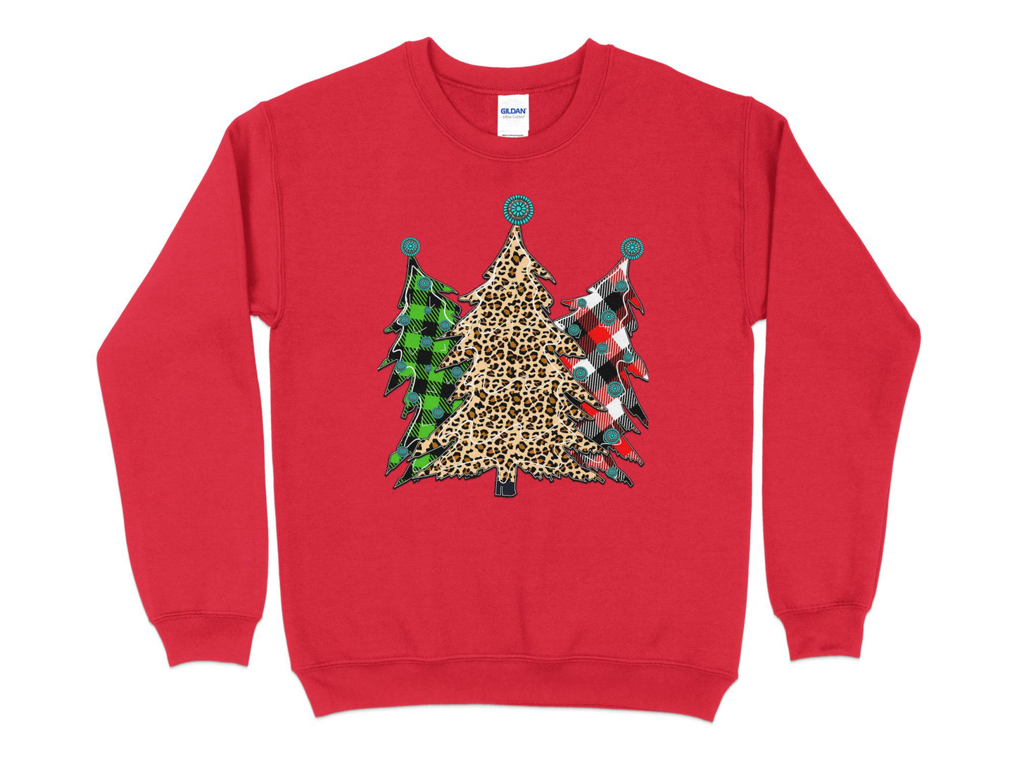 Christmas Tree Leopard Plaid Sweatshirt, Womens Cute Christmas Sweater, Christmas Holiday Party Pullover, Leopard Print Crewneck Knit - Mardonyx Sweatshirt S / Red