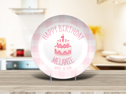 Preppy Girls Birthday Plate - Pink Gingham Bow Ribbon First Birthday - Pink & White Smash Cake 1st Birthday -  Coquette Style