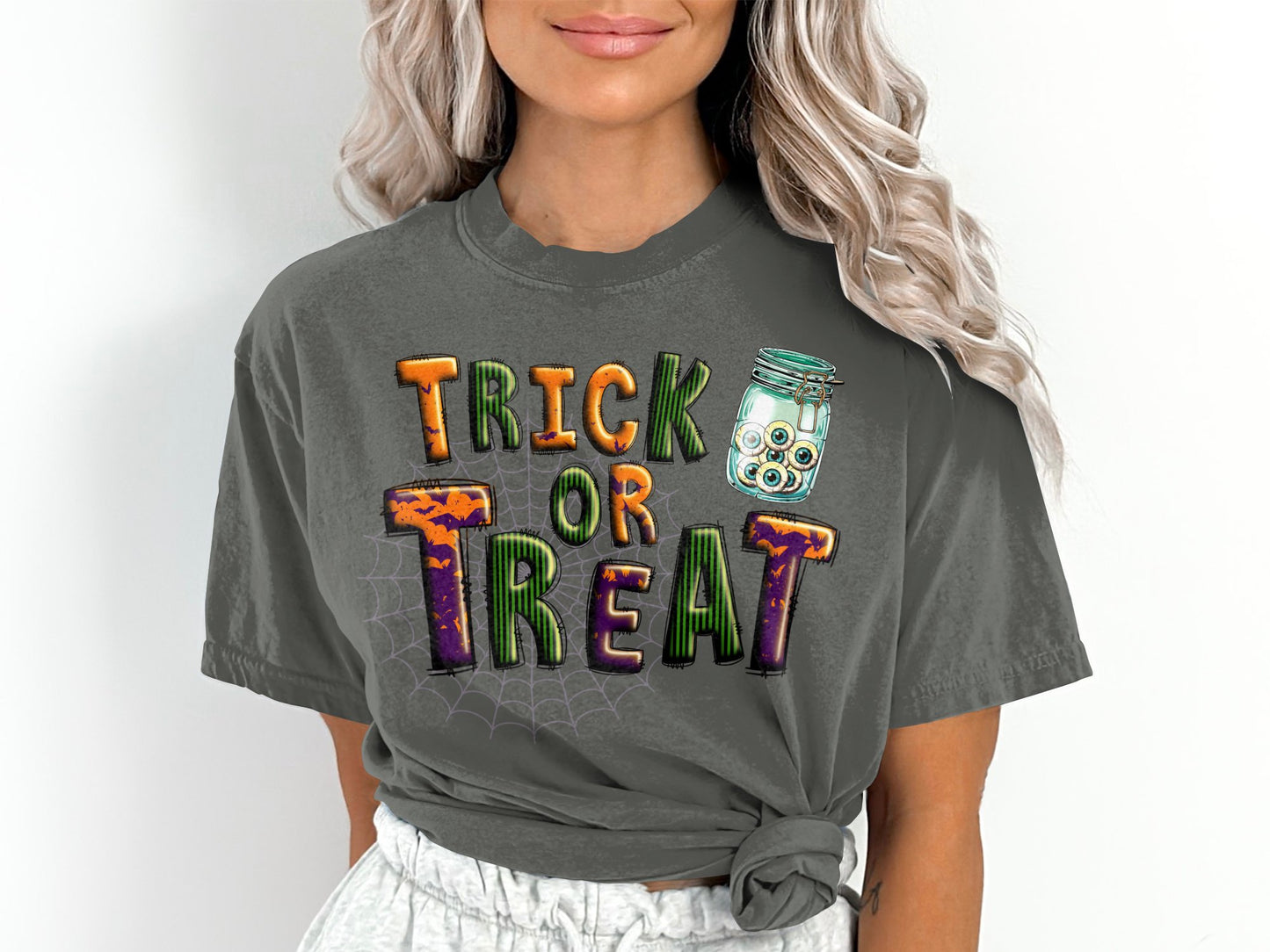 Women's Trick or Treat Eyeballs Spiderweb Halloween T-Shirt