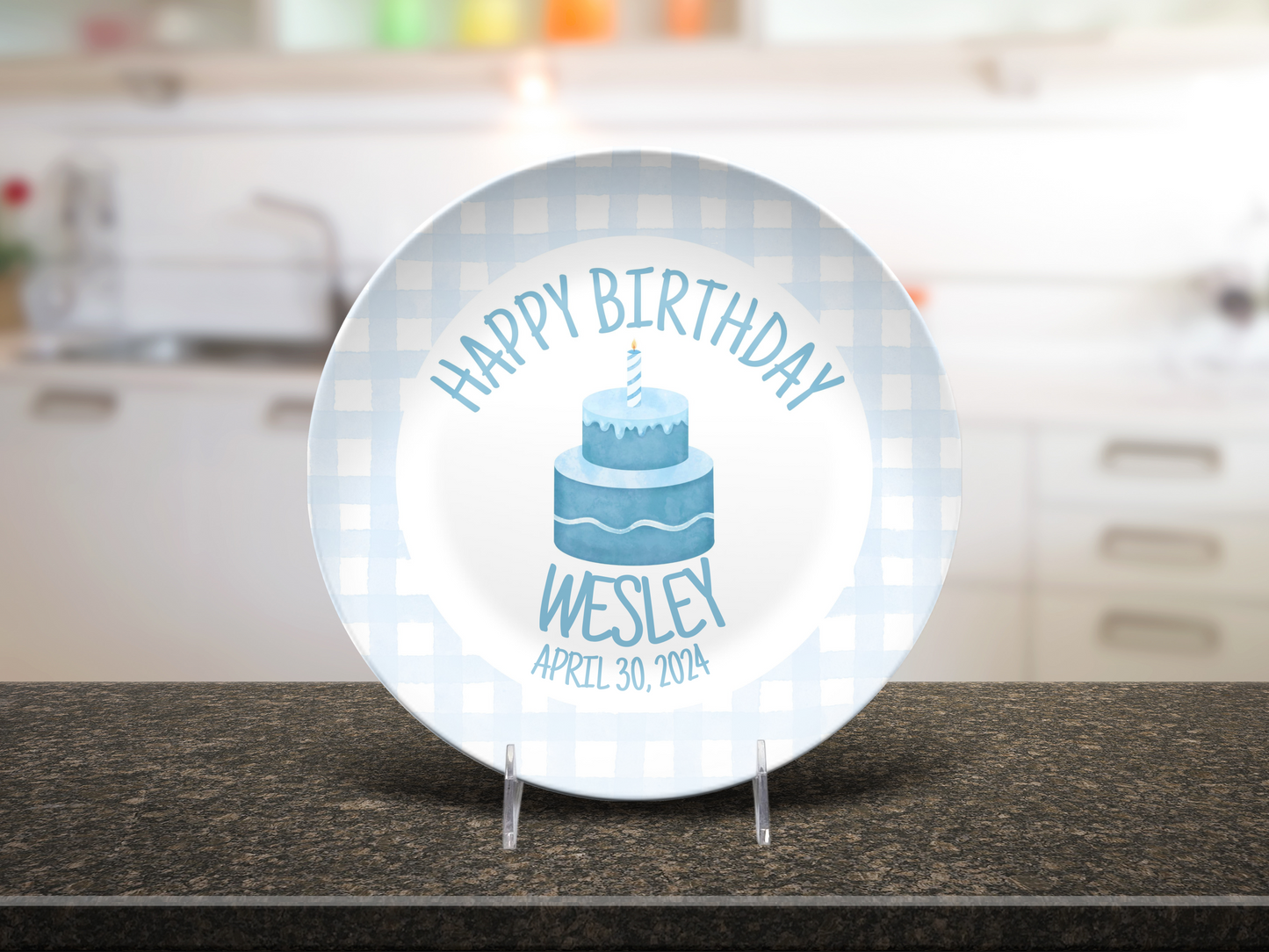 Boys  Birthday Plate - Blue Gingham First Birthday - Blue & White Smash Cake 1st Birthday -  Coquette Style