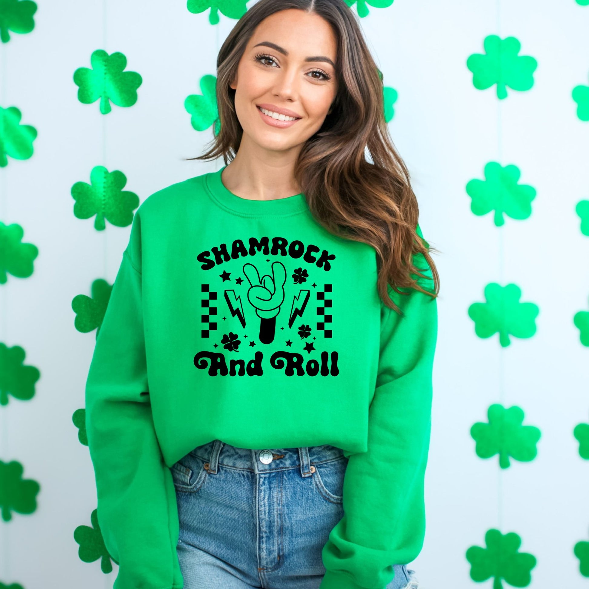 Unisex Shamrock and Roll Sweatshirt, St. Patrick's Day Casual Pullover, Green Graphic Crewneck, Lucky Clover Sweater, Irish Music Top - Mardonyx Sweatshirt S / Irish Green