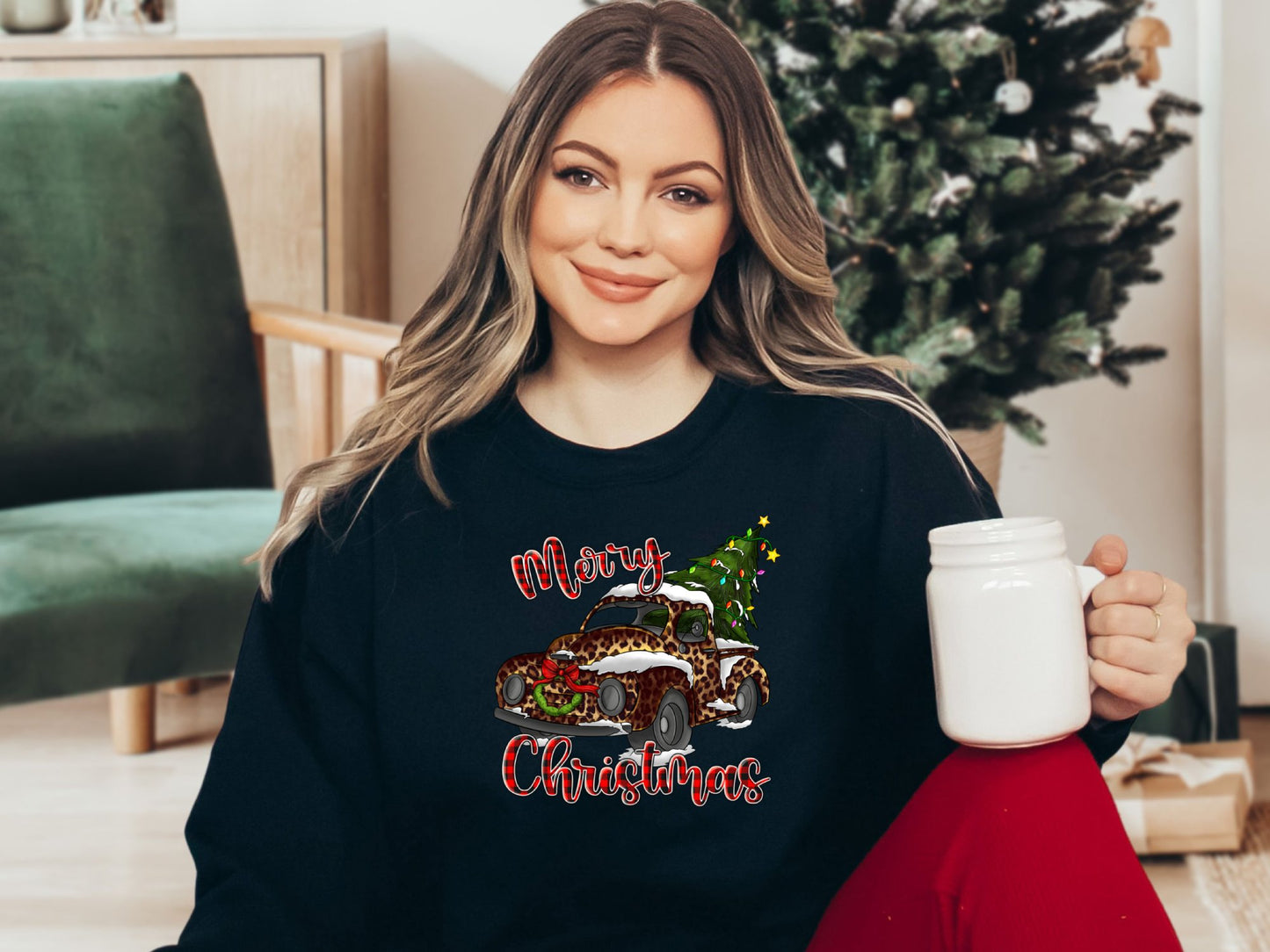 Merry Christmas Leopard Print Truck Sweatshirt, Christmas Sweater for Women, Christmas Gift for Women, Holiday Sweater, Xmas Shirt - Mardonyx Sweatshirt