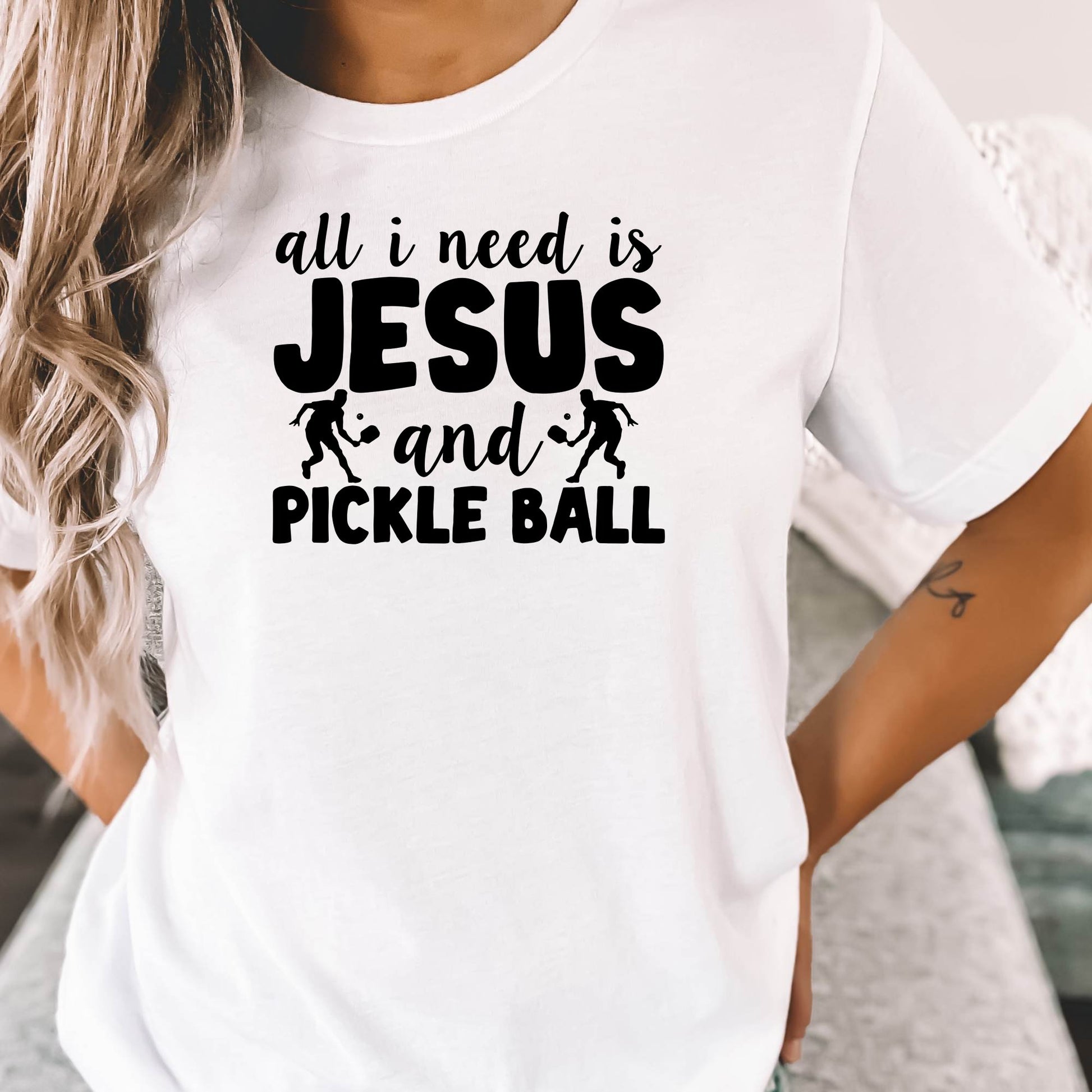 All I Need Is Jesus and Pickle Ball T-Shirt, Funny Graphic Tee - Mardonyx T-Shirt XS / White