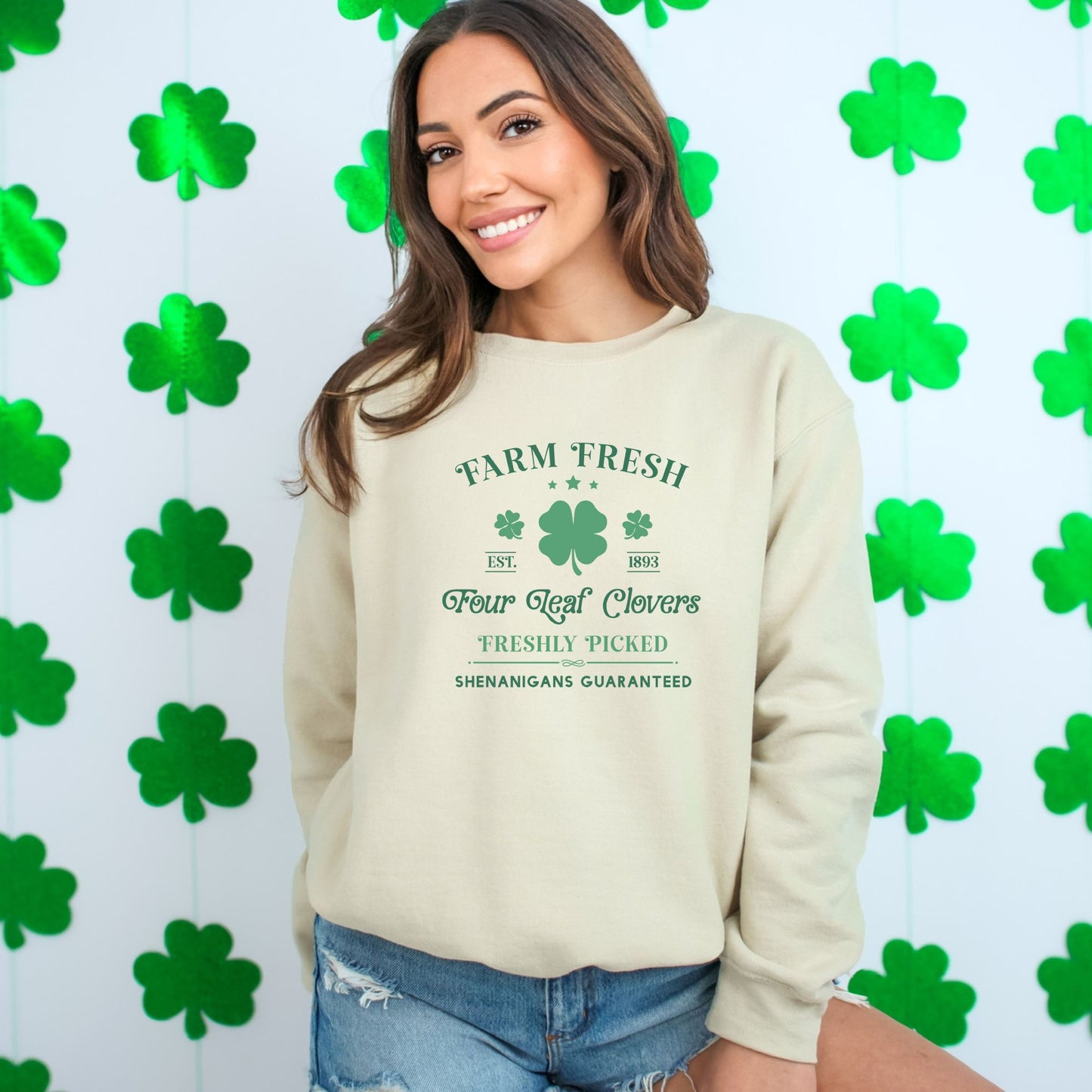 Farm Fresh Four Leaf Clovers Sweatshirt, Vintage Style St. Patrick's Day Apparel, Unisex Green Pullover, Irish Heritage Clothing - Mardonyx Sweatshirt