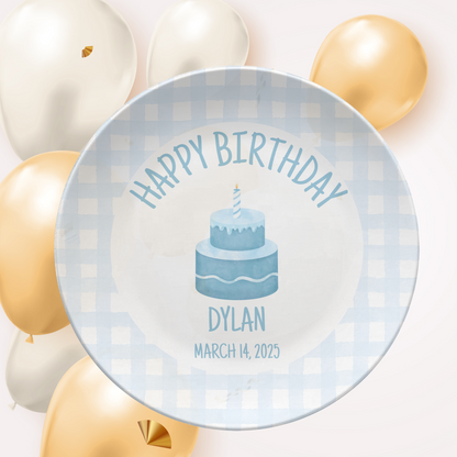 Blue Gingham Birthday Plate