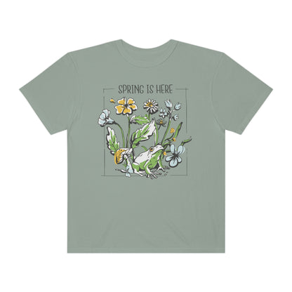 Spring Awakening: Frog Under Flowers Comfort Colors 1717 T-Shirt, Plant Lover Gift, Nature Lover Shirt, Flower Shirt