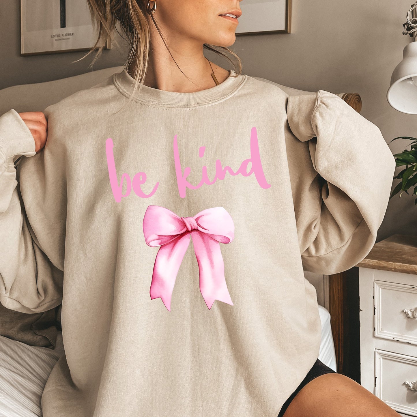 Be Kind Pink Bow Graphic Coquette Sweatshirt - Mardonyx Sweatshirt S / Sand