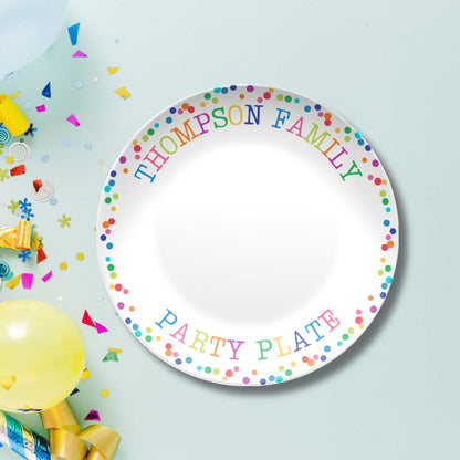 Family Celebration Party Plate - Birthday, Holidays, Milestone Cake Plate - Whimsical Rainbow Text & Confetti - New Baby Gift or Hostess Gift