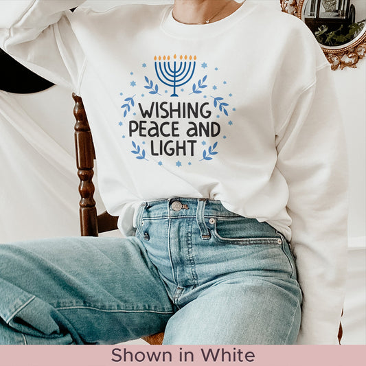 Hanukkah Sweatshirt, Wishing Peace and Light - Mardonyx Sweatshirt S / White
