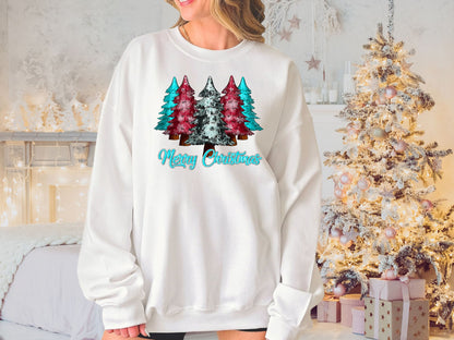 Merry Christmas Pink Blue Tree Shirt, Christmas Sweatshirt, Merry Christmas Shirt, Cute Christmas Tees for Women, Holiday Shirt - Mardonyx Sweatshirt