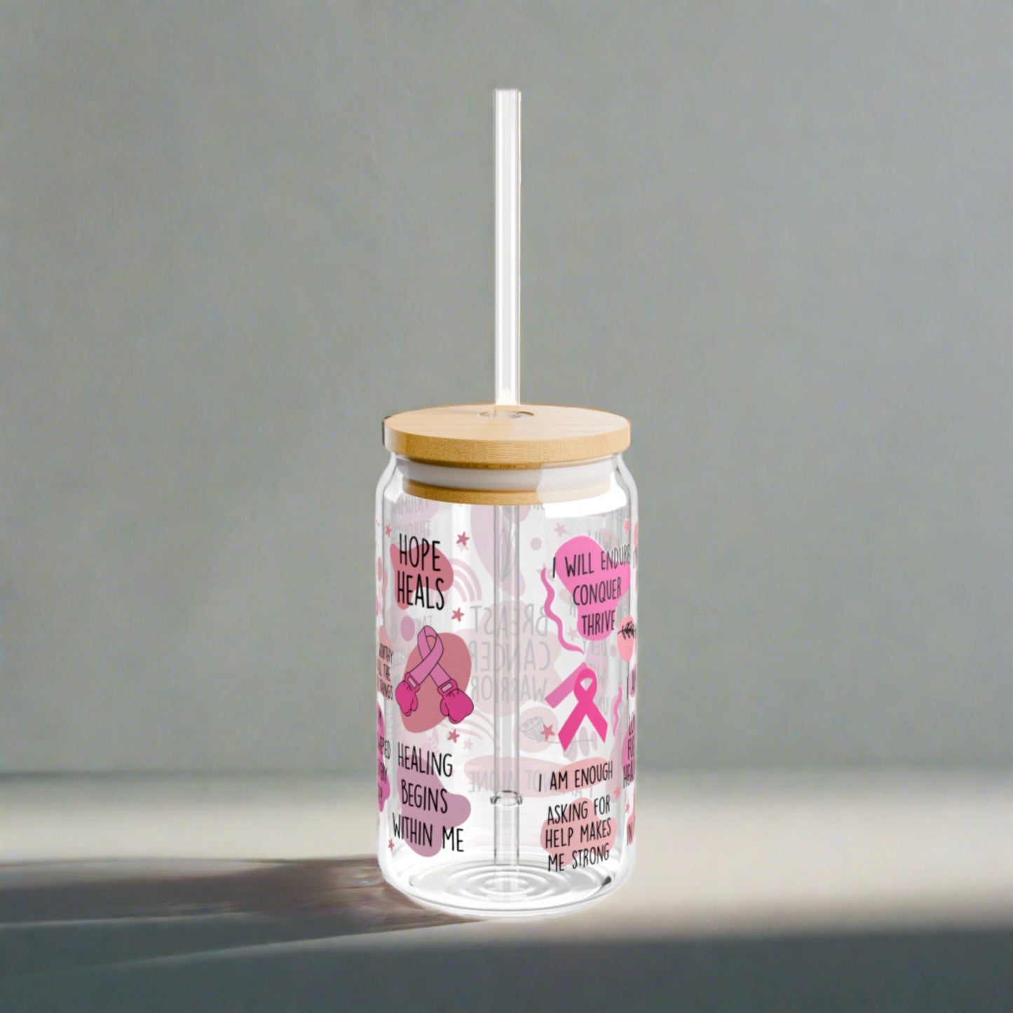 Breast Cancer Survivor Sipper Glass with Lid, 16 oz - Mardonyx Mug With lid and straw / 16oz