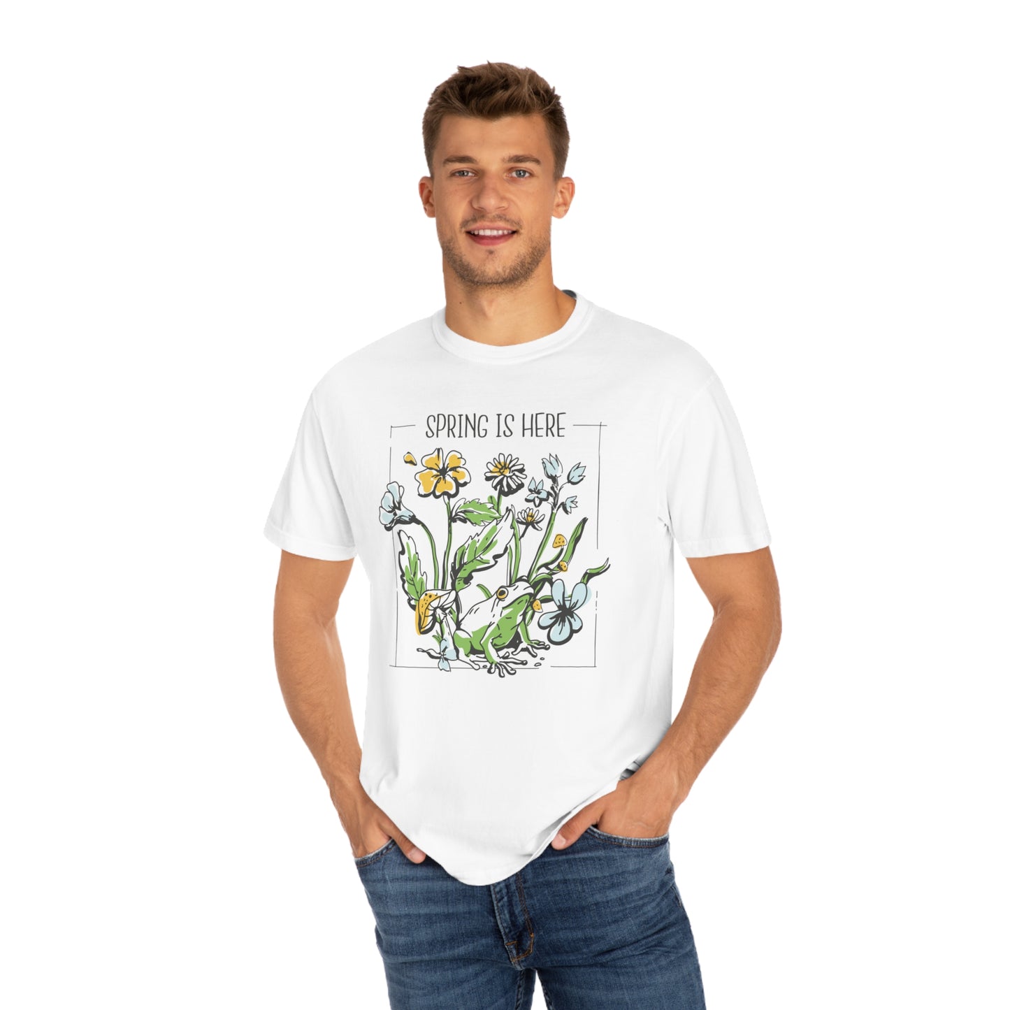 Spring Awakening: Frog Under Flowers Comfort Colors 1717 T-Shirt, Plant Lover Gift, Nature Lover Shirt, Flower Shirt