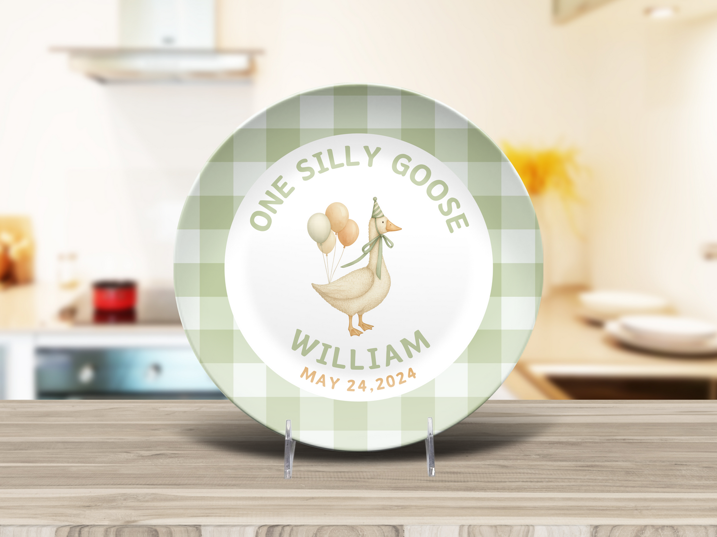 Personalized One Silly Goose Smash Cake Plate - Coquette Gingham Birthday Custom Party Plate