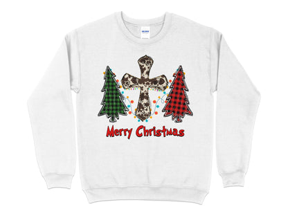 Merry Christmas Cow Print Cross Buffalo Plaid Tree Sweatshirt, Christmas Sweater, Cute Christmas Shirt, Holiday Shirt, Xmas Gifts - Mardonyx Sweatshirt S / White