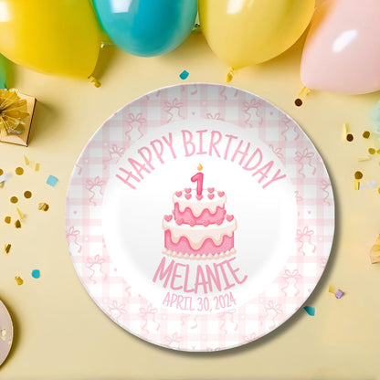 Preppy Girls Birthday Plate - Pink Coquette Bow Ribbon First Birthday - Pink & White Smash Cake 1st Birthday -  Coquette Style