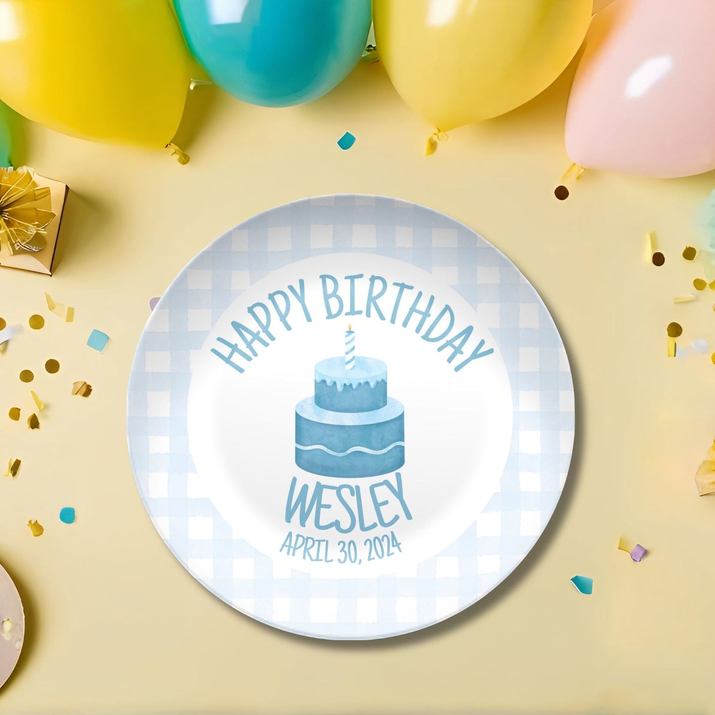 Boys  Birthday Plate - Blue Gingham First Birthday - Blue & White Smash Cake 1st Birthday -  Coquette Style