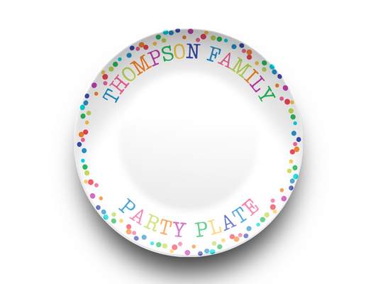 Family Celebration Party Plate - Birthday, Holidays, Milestone Cake Plate - Whimsical Rainbow Text & Confetti - New Baby Gift or Hostess Gift