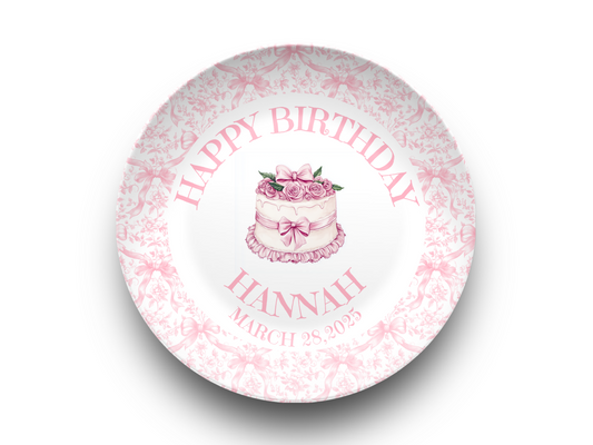 Preppy Girls Birthday Plate - Pink Coquette Bow Ribbon First Birthday - Pink & White Smash Cake 1st Birthday - Coquette Style