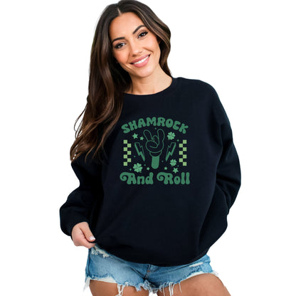 Unisex Shamrock and Roll Sweatshirt, St. Patrick's Day Casual Pullover, Green Graphic Crewneck, Lucky Clover Sweater, Irish Music Top - Mardonyx Sweatshirt S / Black