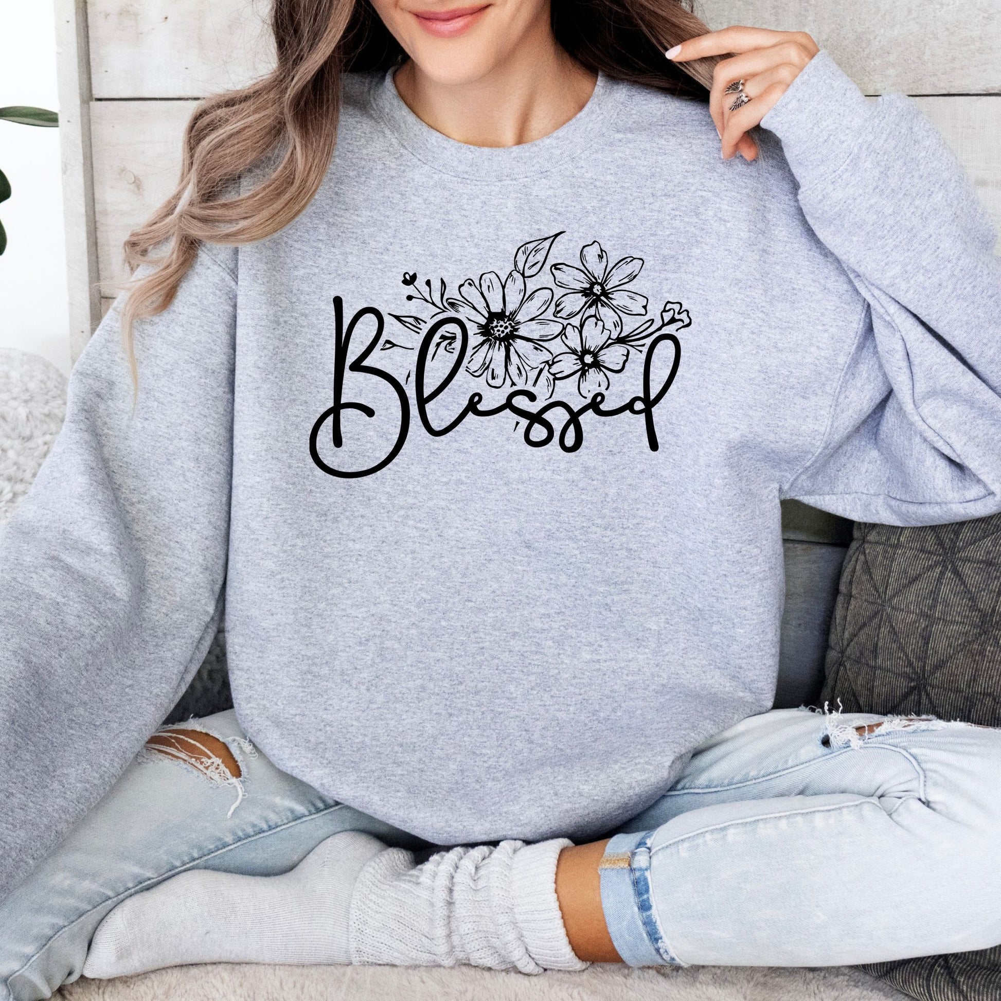 Floral Blessed Graphic Sweatshirt, Inspirational Women's Clothing, Casual Pullover, Comfy Top with Positive Message - Mardonyx Sweatshirt