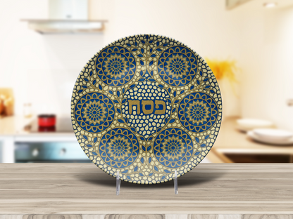 Passover Seder Plate – 10" Unbreakable Blue & Gold Judaica Plate Modern Pesach Table Decor