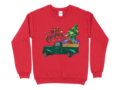 Merry Christmas Plaid Truck Shirt, Christmas Sweatshirt, Christmas Family Matching, Xmas Top, Holiday top for Women, Women's Xmas shirt - Mardonyx Sweatshirt S / Red