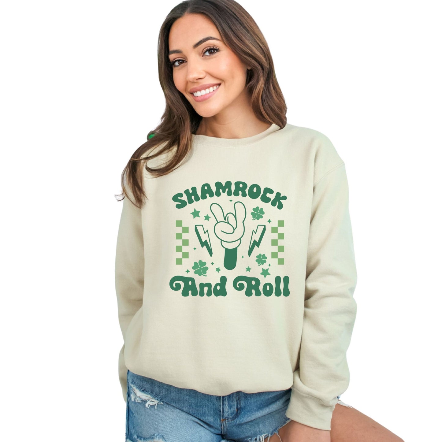 Unisex Shamrock and Roll Sweatshirt, St. Patrick's Day Casual Pullover, Green Graphic Crewneck, Lucky Clover Sweater, Irish Music Top - Mardonyx Sweatshirt S / Sand