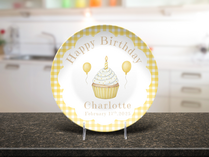 Personalized Baby First Birthday Plate - Yellow Gingham Birthday Party Decoration