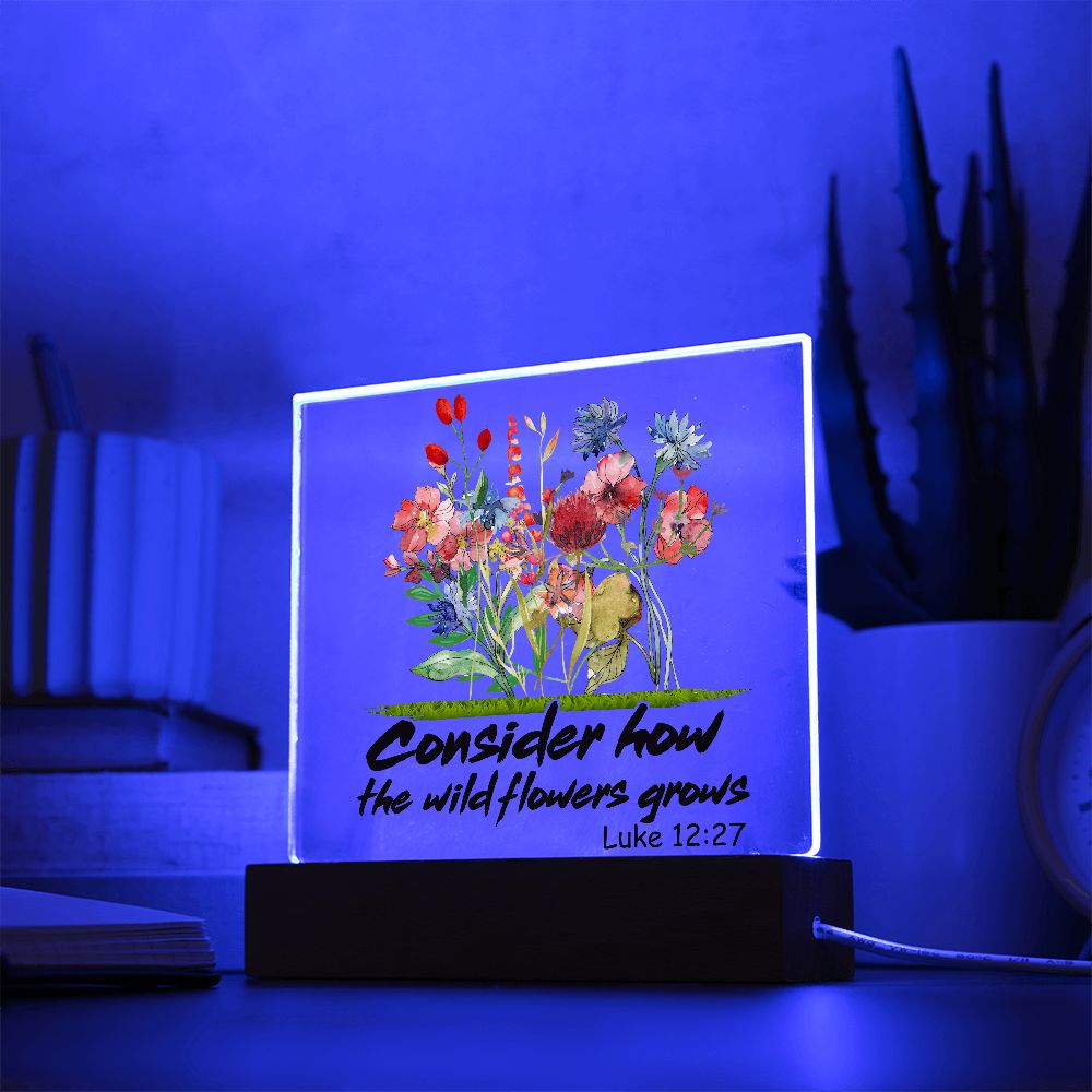 Luke 12:27 Consider How The Wildflowers Grows Acrylic Plaque - Mardonyx Jewelry Acrylic Square with LED Base