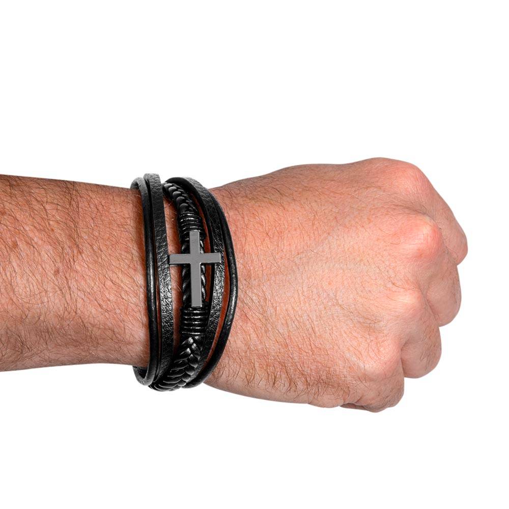 For God So Loved John 3:16 Men's Cross Bracelet - Vegan Leather with Stainless Steel