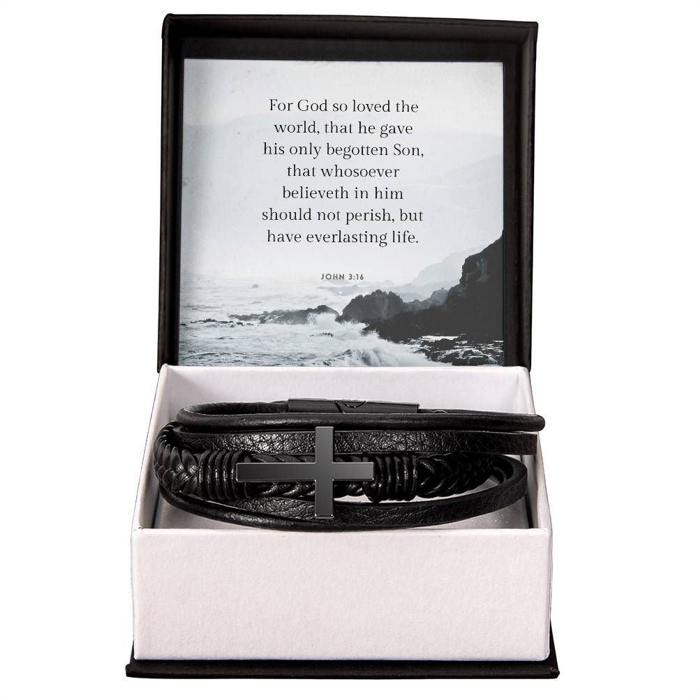 For God So Loved John 3:16 Men's Cross Bracelet - Vegan Leather with Stainless Steel