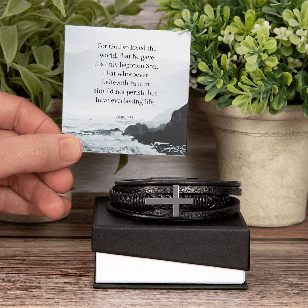 For God So Loved John 3:16 Men's Cross Bracelet - Vegan Leather with Stainless Steel